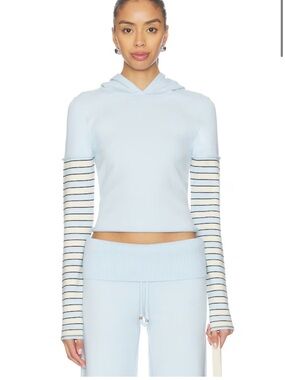 Frankie's Bikinis Light Blue Hoodie with Striped Sleeve Details